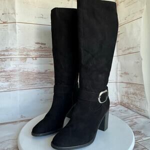 Primark Women's Silver Buckle Strap Suede Black Knee-High Boots Size 11W